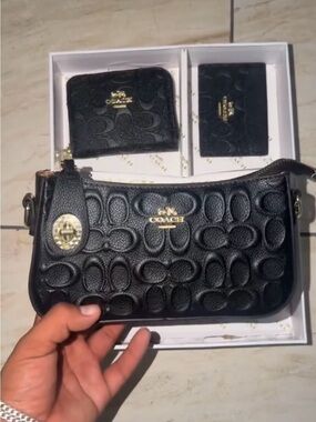 Coach Black Signature Embossed Leather Wristlet and Wallet Set